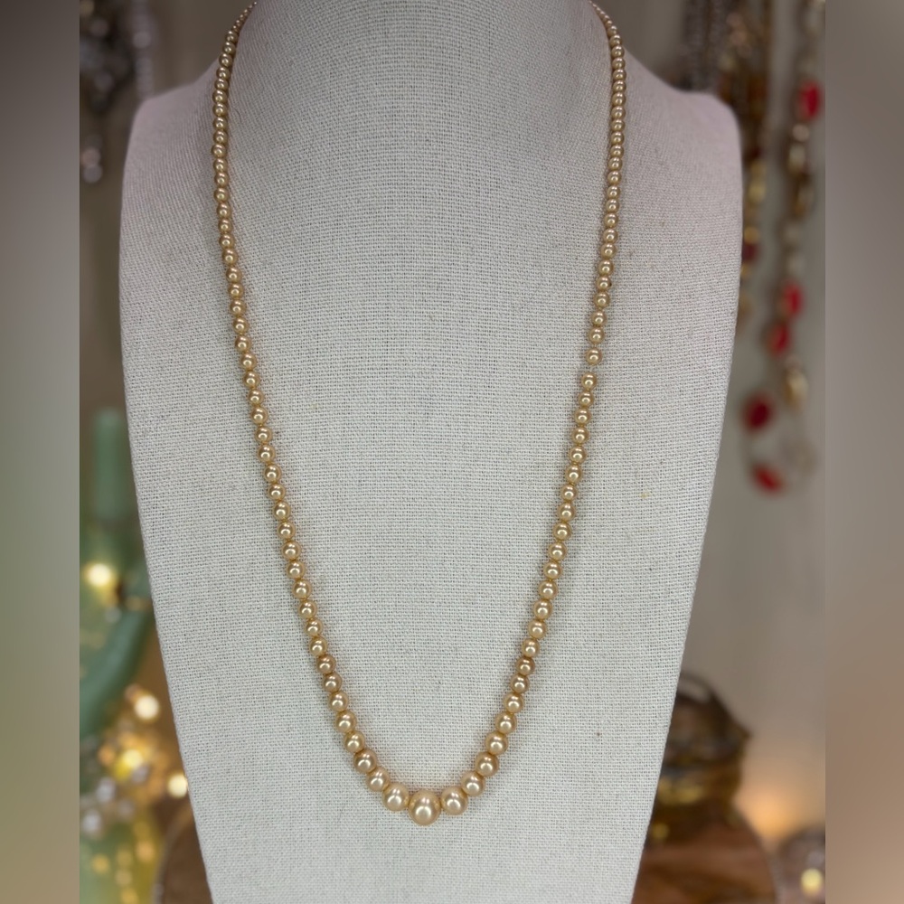 Vintage Glass Faux Pearl Necklace Champagne Color Jewelry Ornate Clasp